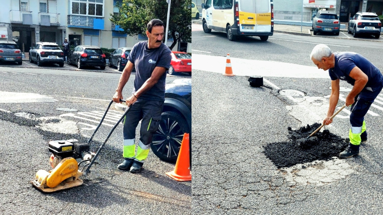 Trabalhos de reparação do piso na via pública
